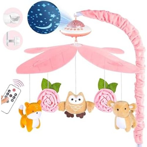 Baby Crib Mobile with Music and Lights, Nursery Baby Mobile for Crib with Remote Control, Rotation, Starlight Projection, Crib Toys for Babies Boys Girls Pink
