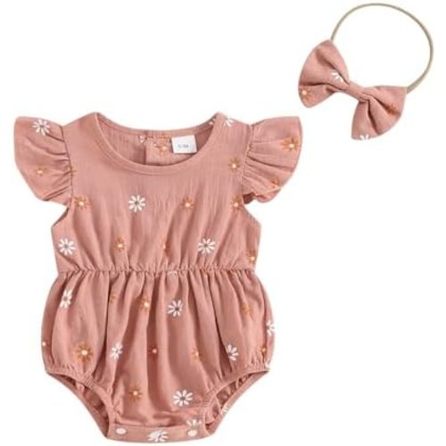 FOMOYUU Newborn Baby Girls Daisy Printed Clothes Pleated Ruffled Sleeve Bubble Romper Cute Summer Outfit with Headband