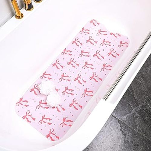 Mudder Pink Bow Bathtub Mat 40 x 16 Inch Cute Tub Mat Shower Non-Slip Extra Long Bathmat with Suction Cups & Drain Holes for Bathroom Tub Non Slip