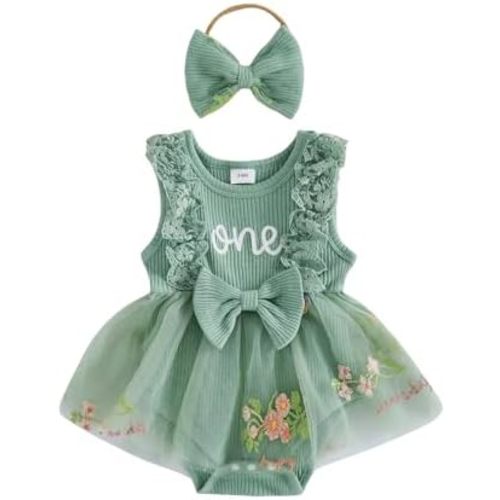 Baby Girl 1st Birthday Outfit One Year Old Romper Dress Lace Ruffle Sleeveless Bodysuit Headband Cake Smash Photo Shoot