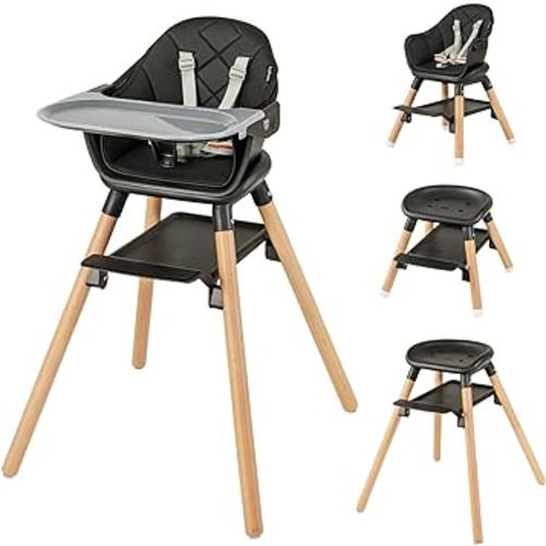 BABY JOY Baby High Chair, 6 in 1 Convertible Wooden High Chair for Babies & Toddlers with Adjustable Legs, Double Removable Tray, Safety Harness & Waterproof PU Cushion (Black)