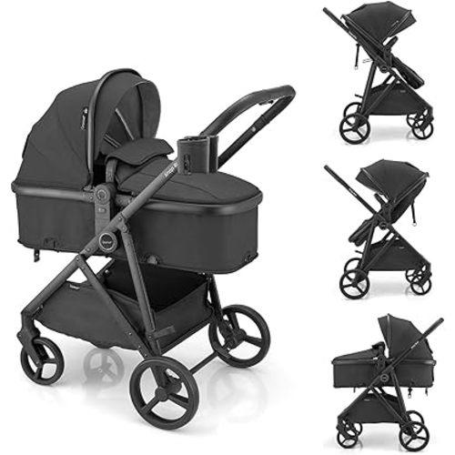 Gromast 3-in-1 Baby Stroller, Convertible Stroller for Newborn Infant Toddler with Reversible Seat, UPF 50+ Canopy & Cup Holder - Black