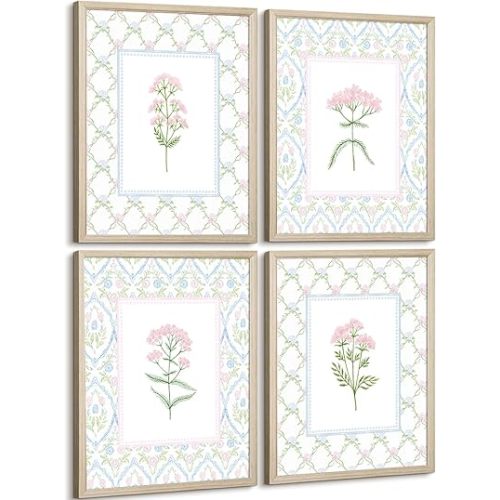 Nursery Flower Wall Art Girl Wildflower Canvas Wall Decor Pink Blue Floral Prints Baby Girl Flower Poster Pictures Nursery Floral Artwork Pastel Botanical Painting for Girl Room 12x16x4 Inch Framed