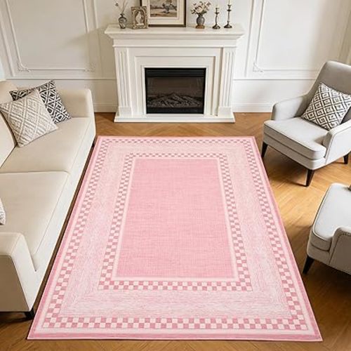 GarveeHome Checkered Area Rug 8x10, No Slip Washable Rug, Modern Bedroom Rug Under Bed Ultra Carpet, Low-Pile Rugs for Living Room Bedroom Dining Room, Pink