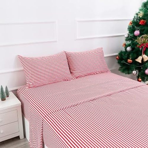 Best Season Ticking Stripe Sheet Set,4 Piece Full Size Microfiber Bedding,Burgundy Red and White Pinstripe Patterned,Deep Pocket