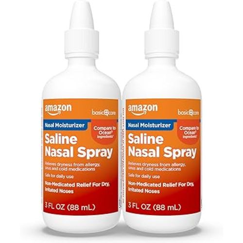 Amazon Basic Care Premium Saline Nasal Moisturizing Spray, Instantly Soothing Nasal Mist Nose Spray, Non-Medicated Relief, 3 Fluid Ounces, Pack of 2
