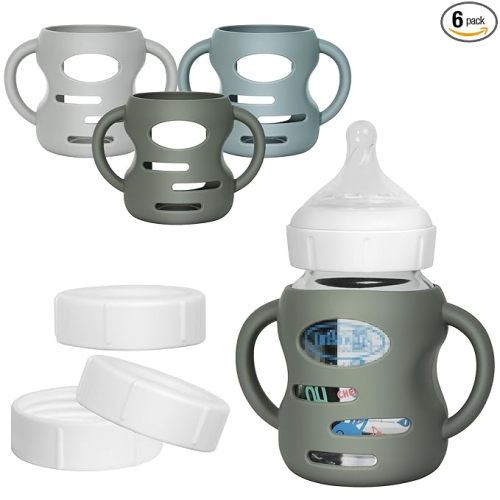 3 Pack Silicone Sleeves for Dr Brown Wide-Neck Glass Baby Bottles, Food GradeAnti Breakage Baby Bottle Holder with Handles and 3pcs Travel Bottle Caps, 5oz