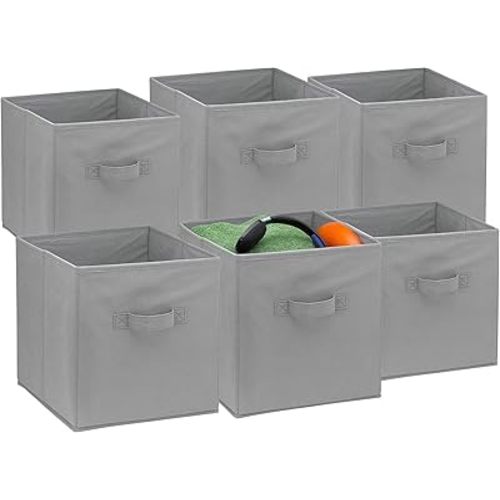 Handy Laundry Foldable Cube Storage Bins - 6 Pack - Decorative Fabric Storage Cubes are Collapsible & Great Organizer for Shelf, Closet or Underbed. Convenient for Clothes or Kids Toy Storage (Grey)
