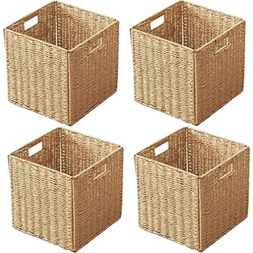 13x13x13 Storage Cube Bins Set of 4, Paper Rope Hand Woven Storage Basket with Handles, Collapsible Square Storage Cubes for Shelves, Wicker Shelf Baskets for Living Room Bedroom Organizing, Natural