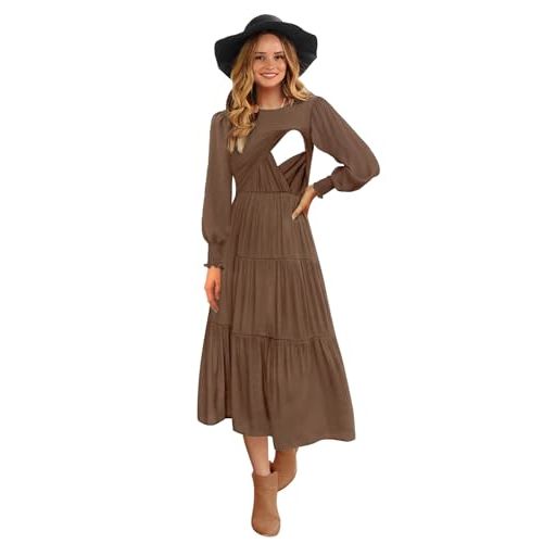 Womens Flutter Long Sleeve Smocked Tiered Nursing Dress for Breastfeeding with Pockets