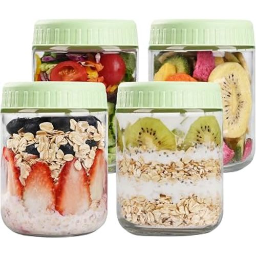 Overnight Oats Containers with Lids, 16oz Glass Jars with Lids 4 pcs, Light Green, Wide Mouth Mason jars for Salad, Yogurt, Snacks, Meal Prep