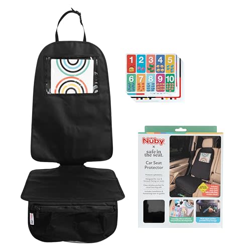 Nuby x Safe In The Seat Car Seat Protector - Compatible with Rear & Forward Facing Car Seats - Visual Learning Pocket, Mesh Storage & Adjustable Strap