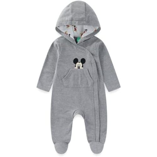 Disney Mickey Mouse Baby Boys Fleece Hooded Coverall Footies Romper for Newborn and Infant