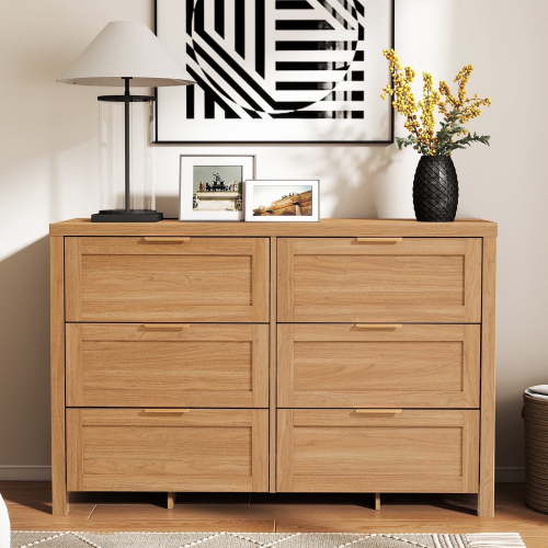 "ARKANTOS Wooden 6 Drawer Chest, Large Dresser for Bedroom, Oak Grain Finish, 47.2"" Wide"