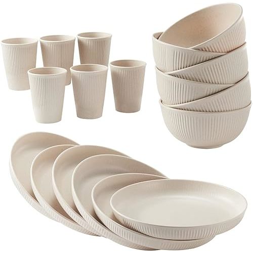 18pcs Wheat Straw Dinnerware Sets HXYPN Unbreakable Reusable Dinnerware Set Kitchen Cups Plates and Bowls Sets Dishwasher Microwave Safe Plates