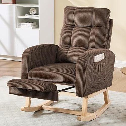 NIOIIKIT Nursery Rocking Chair, Corduroy Upholstered Rocking Chair with Adjustable Footrest, Tufted Rocker Chair with Side Pocket, Glider Rocker for Living Room, Bedroom (Brown Retro)