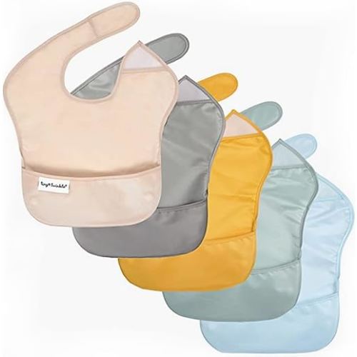 Tiny Twinkle Mess-Proof Baby Bib - Waterproof Bib for Baby Boy or Girl - Machine Washable - Adjustable Closure - PVC, BPA & Phthalate Free - Great for Travel - Baby Food Bibs (5 Pack, Unisex Solids)