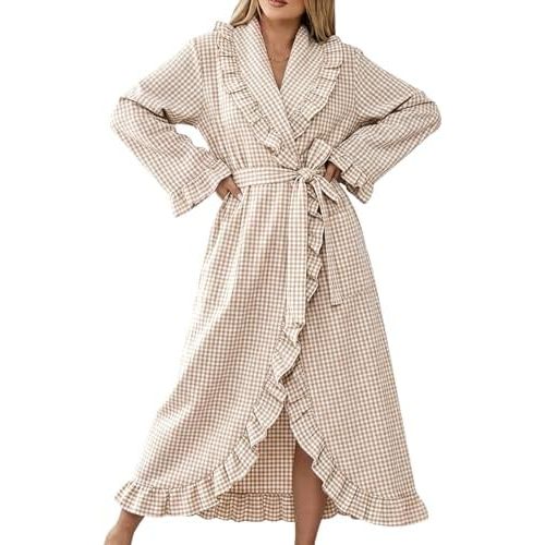 Gihuo Cotton Robes for Women Gingham Long Sleeve Ruffle Trim Bathrobe
