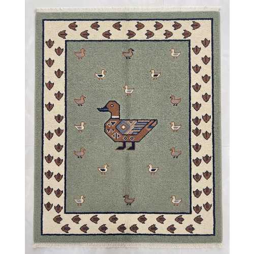 Duck Motif Hand Knotted Rug, Green and Beige Animal Area Rug, Farmhouse Nursery Decor, Custom Size Wool Carpet, Rustic Cabin Floor Art
