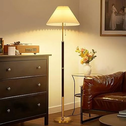 QUIGO Dimmable Vintage Floor Lamp for Bedroom Office,Bright Floor Lamps for Living Room with 12W LED Bulb,Gold Mid Century Modern Floor Lamp,Tall Standing Lamp,Farmhouse Room Decor BW01F