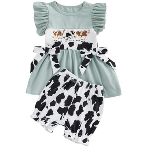 Toddler Western Baby Girl Summer Clothes Cattle Smocked Shirt Cow Print Ruffle Bloomer Shorts Cute Cowgirl Outfit