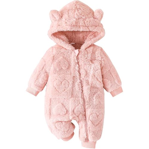 allshope Newborn Fluffy Baby Girl Winter Romper Solid Color Plush Hooded Long Sleeve Jumpsuit Bodysuit Infant Fall Clothes