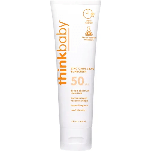 Thinkbaby SPF 50+ Baby Mineral Sunscreen – Safe, Natural Sunblock for Babies - Water Resistant Sun Cream – Broad Spectrum UVA/UVB Sun Protection – Vegan Baby Sunscreen Lotion, 3 Oz.
