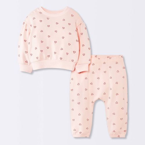 Baby Girls' 2pc Christmas Holiday Candy Cane Heart Fleece Sweatshirt and Jogger Pants Set - Cloud Island™ Pink
