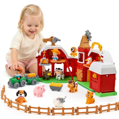 ALASOU Farm Animal Big Barn Toys for 2 3 Year Olds Boys Girls | Montessori Learning Playset with Lights & Sounds for Toddlers,Pretend Play Toys, Christmas Birthday Gifts for 18M+