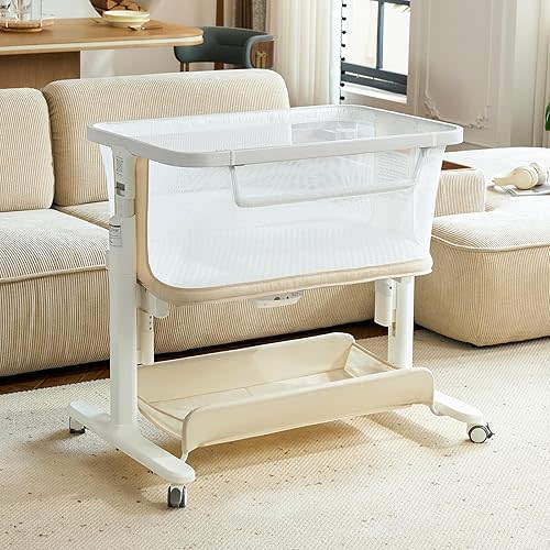 VaVaSoo Electric Baby Bassinet, All-Mesh Bedside Sleeper with 3-Speed Auto Rocking, 8 Soothing Sounds, Remote Control, 5-Height Adjustable Baby Crib with Wheels & Storage for Newborn 0-6 Months, Beige