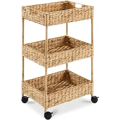 Best Choice Products 3-Tier Water Hyacinth Rolling Nursery Caddy w/Wheels, Utility Cart, Storage Organization for Bathroom, Craft Room, Laundry Room - Natural