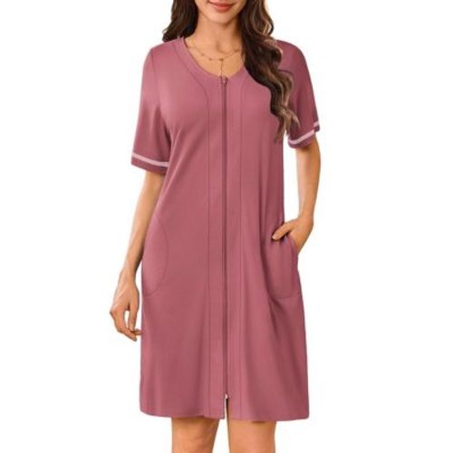 Ekouaer Women Zipper Robes Short Sleeves Housecoat Lightweight Bathrobes Zip Up Robe Casual Nightgown with Pockets Purple Gray Red S