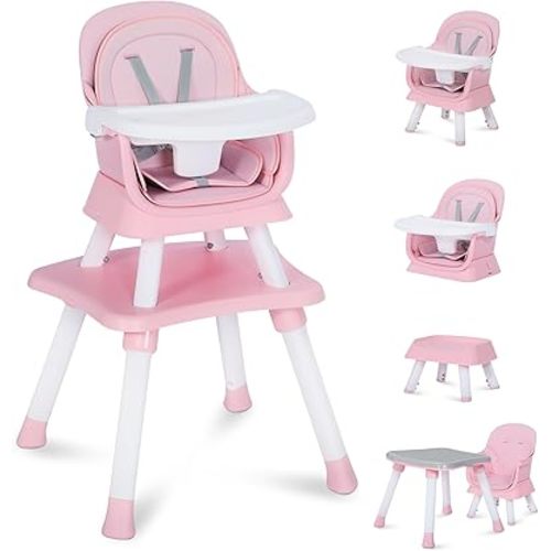 8 in 1 Baby Highchair, Convertible High Chair for Babies and Toddlers, Booster Seat w/5-Point Safety Belt, Toddler Building Block Table, Dishwasher Safe Tray, No Tool Install, Pink