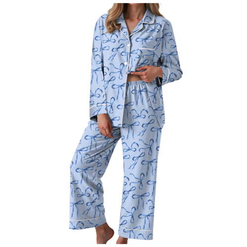 vigerkar Holiday Cute Bow Pajamas Women Silk Satin Pink Heart Print Pjs 2 Piece Long Sleeve Shirt Matching Lounge Pants Set (Sky Blue, L)