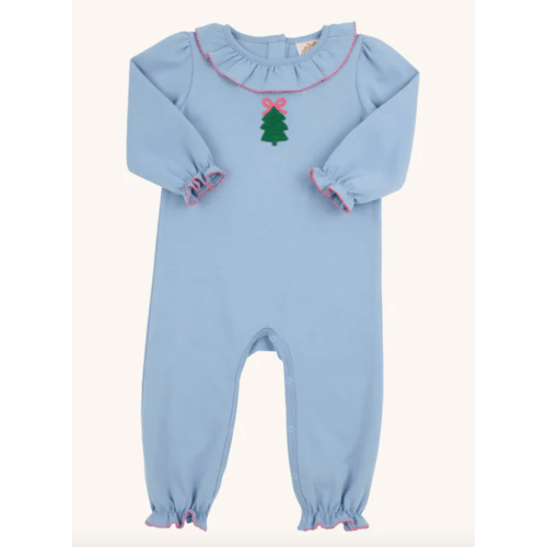 Long Sleeve Ramona Ruffle Romper-Barrington Blue with Christmas Tree Embroidery