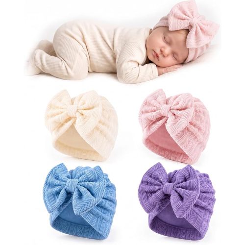4 Pack Newborn Baby Girl Bow Hats 0-3 Months Preemie Nursery Caps