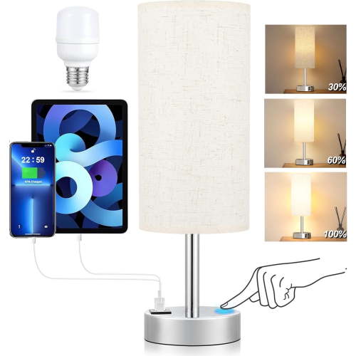HadinEEon 15.4" Table Lamp, 3 Way Dimmable Light Touch Lamp, USB C&A Fast Charging Ports, Fabric Shade Silver Base, for Bedroom, Living Room, Office