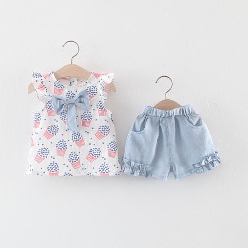 Toddler Girl Bow Decor Printed Sleeveless Top & Shorts - hibobi