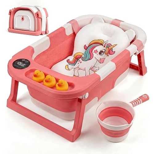 Collapsible Baby Bathtub for Newborn Infant Girl & Boy 0-24 Months, Foldable Portable Bathtub with Thermometer, Heat Sensor, Drain Plug, Water Scoop, Unicorn Cushion Pillow, Travel Bath Tub for Shower