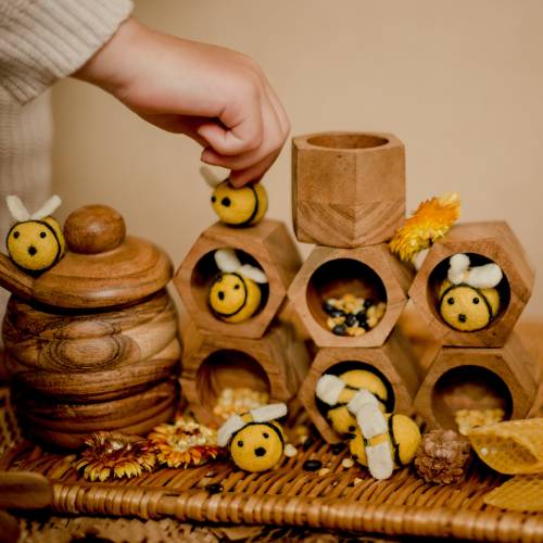 Montessori Wooden Beehive Toy | Felt Bees, Hexagon Hives, Honey Pot and Spoon | Fine Motor Play for Toddlers | Acacia Wood | Ages 3 to 6