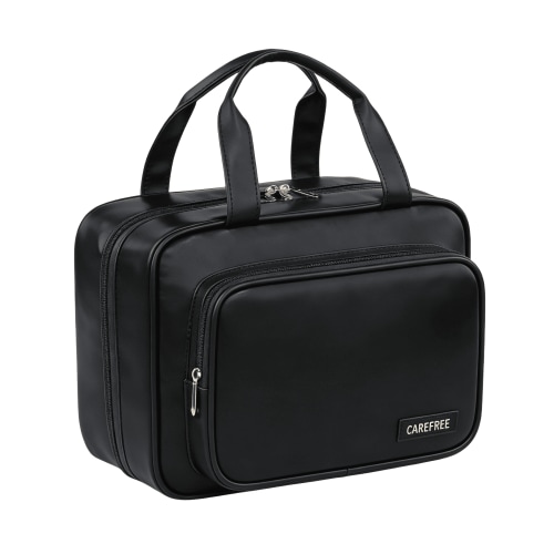 Hanging Toiletry Bag for Women Travel with Detachable Hook, Large Makeup Travel Bag with 4 Layers & Water-Resistant PU Leather, 10" x 5" x 7.5" Multi-Compartment Cosmetic Organizer,Black