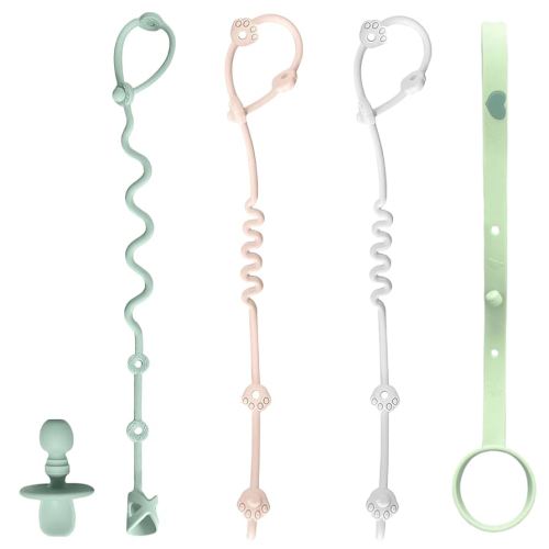 Toy Straps for Baby, 5 Pack Spoon Toy Bottle Bungees with Toddler Utensil, Silicone Pacifier Clips Harness Straps for High Chair, Strollers, Shopping Trolley,Cars,Hanging Baskets,Cribs,Bags-Green