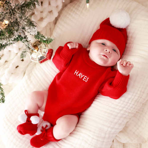 Personalized Knit Sweater Bubble Romper | Red