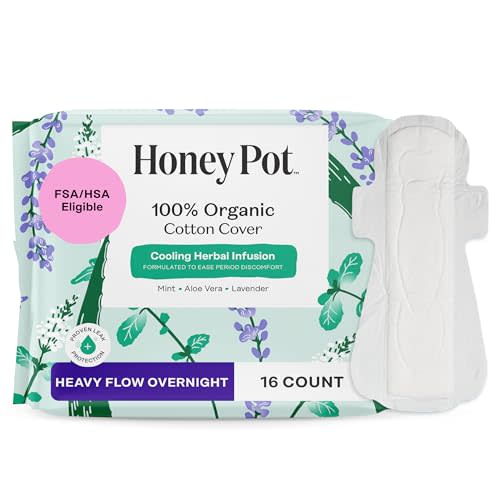 The Honey Pot Company - Cooling Herbal - Heavy Flow Overnight Pads w/Wings | Cooling Effect - Infused w/Mint, Aloe, Lavender - Organic Cotton Cover - Menstrual Pads for Women - Feminine Care - 16ct