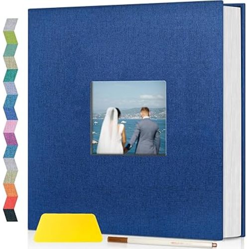 popotop Photo Album Self Adhesive with Picture Display Window,60 Pages DIY Scrapbooking Supplies Kit for 4x6 8x10 Picture,Linen Cover Memory Book for Baby Wedding, with Scraper and Metallic Pen