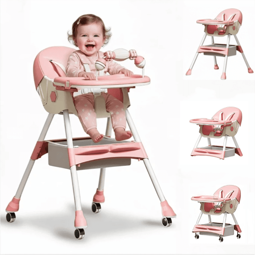 XunKA 4-in-1 Baby High Chair, Portable Fortable Toddler Dining Chair Eat & Play with Double-Layer Dinner Plate and Toy Rack for 6-36 Month, Pink.