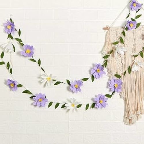 EASY JOY Crepe Paper Flowers Banner White Purple Spring Flower Garland Hanging Paper Florid Garland Leaves Banner for Spring Birthday Wedding Home Decorations