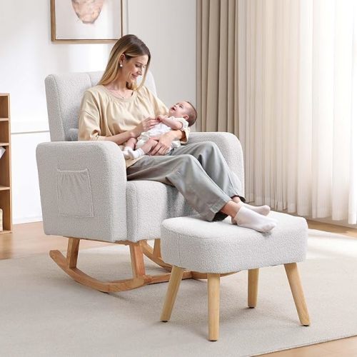 Rocking Chair with Ottoman, Upholstered Glider Rocker with High Backrest and Side Pocket, Comfy Reading Chair with Solid Wood Legs for Nursery, Living Room,Bedroom White