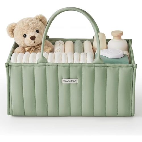 Blissful Diary Baby Diaper Caddy Organizer, Stylish Storage Basket for Newborn Essentials and Diaper Station, Gift for Baby Shower and Registry Must-Have, Sage Green
