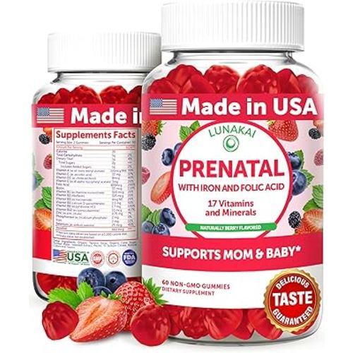 Lunakai USA Made Prenatal Vitamins with Iron & Folic Acid - Delicious Pregnancy Multivitamin Gummies for Women, 60 Count